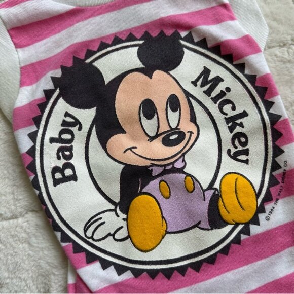 Disney | Vintage Pink Striped Graphic "Baby Mickey" Bodysuit | Size 18 Months - Picture 4 of 14